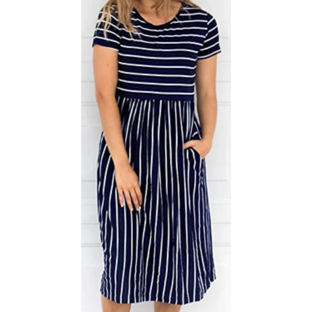 MEROKEETY Short Sleeve Striped Dress with Pockets Navy & White Small